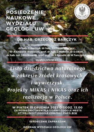 plakat – Posiedzenie Naukowe Wydziału Geologii w dniu 15.12.2023