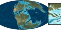 Fig.1. Mapa paleogeograficzna badanego obszaru przedstawiająca układ mórz i lądów w późnej jurze (150 milionów lat temu).